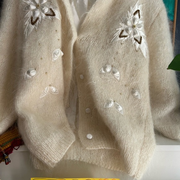 Vintage Boho Mohair Cream Cardigan with Floral Accents One Size - Picture 3 of 14